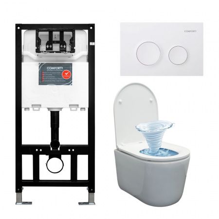 Готовый комплект Comforty 00-00022733CF: унитаз подвесной безободковый CF3C789WH Торнадо + инсталляция CF3GT1900-10WH  с белой матовой клавишей