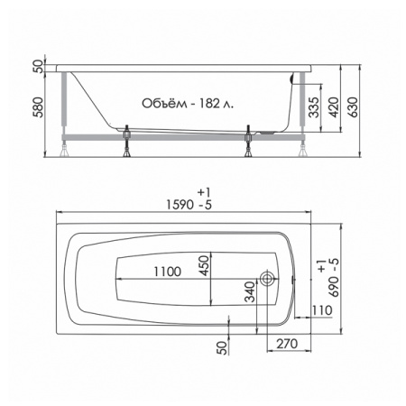 Прямоугольная акриловая ванна 1ACReal Лондон 1600*700*610