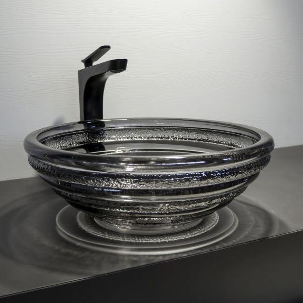 Круглая стеклянная раковина 40 см Comforty CF1G41 серый дым, кольцевые ребра