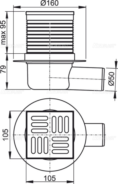 AlcaPlast. Сливной трап APV1, 105х105/50 мм, боковая подводка, решетка из нержавеющей стали, гидрозатвор мокрый