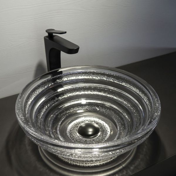 Круглая стеклянная раковина 40 см Comforty CF1G40 прозрачное стекло, кольцевые ребра