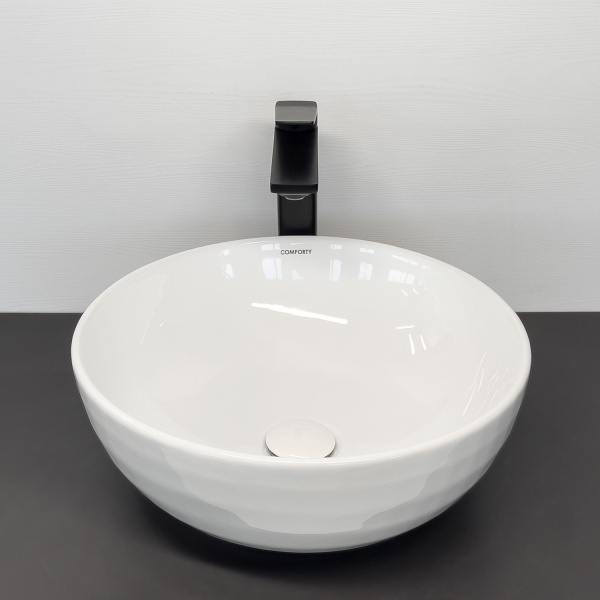 Круглая раковина чаша с рифленым внешним бортом Comforty CF3075 белый фарфор