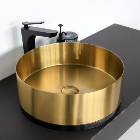 Круглая раковина 40 см из нержавеющей стали Comforty CF8WBTD39K цвет золото с чёрной юбкой, с донным клапаном