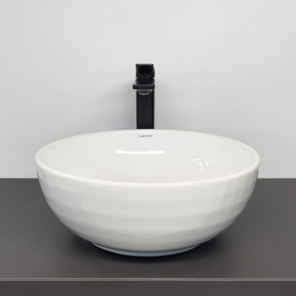Круглая раковина чаша с рифленым внешним бортом Comforty CF3075 белый фарфор