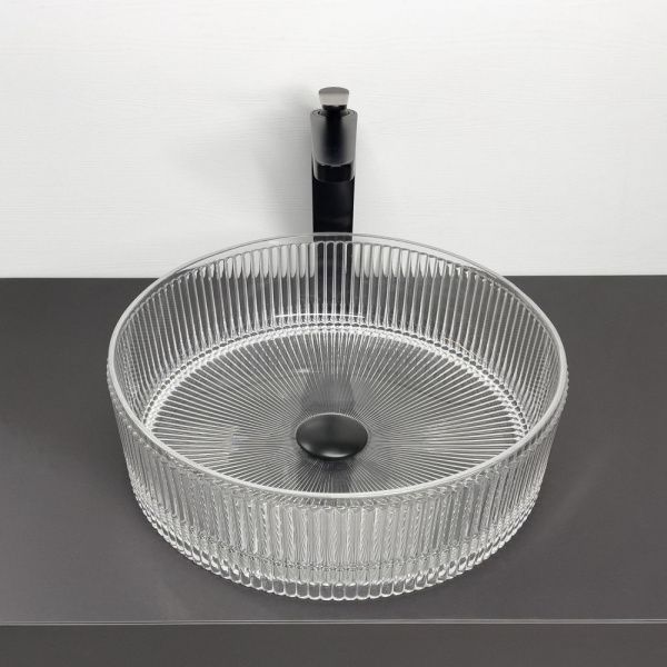 Накладная стеклянная раковина 40 см Comforty CF21002S прозрачное стекло с серебрянным кантом