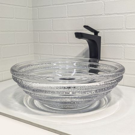 Круглая стеклянная раковина 40 см Comforty CF1G40 прозрачное стекло, кольцевые ребра