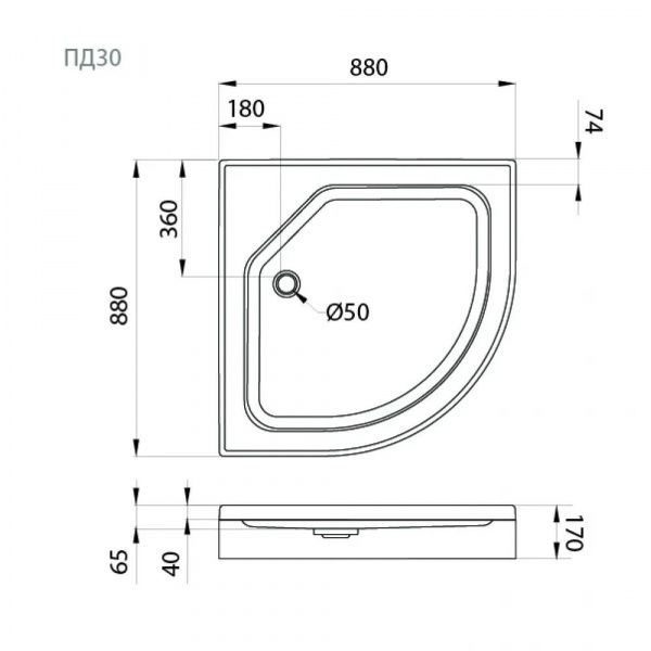 Поддон душевой Тритон ПД30 1/4 круга, низкий 88х88 с бортом, в комплекте