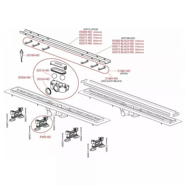 Водоотводящий желоб с порогами для перфорированной решетки или под кладку плитки AlcaPlast APZ19-950
