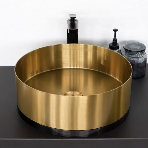 Круглая раковина 40 см из нержавеющей стали Comforty CF8WBTD39K цвет золото с чёрной юбкой, с донным клапаном
