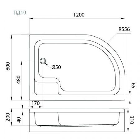 Асимметричный душевой поддон Тритон ПД18 120*80 1/4 круга, средний с сиденьем, левый в комплекте