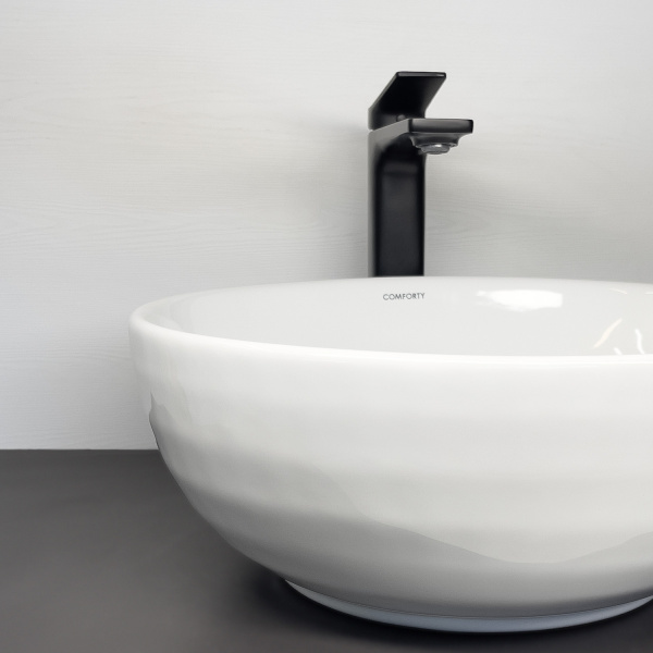 Круглая раковина чаша с рифленым внешним бортом Comforty CF3075 белый фарфор