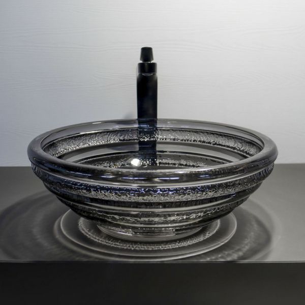 Круглая стеклянная раковина 40 см Comforty CF1G41 серый дым, кольцевые ребра