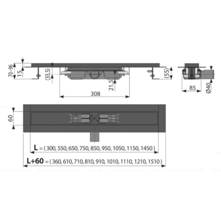 Желоб водоотводящий AlcaPlast APZ101BLACK-850 L 850 мм, с порогами, для перфорированной решетки, черный-матовый