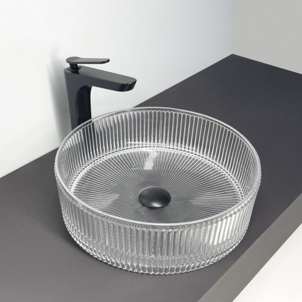 Накладная стеклянная раковина 40 см Comforty CF21002S прозрачное стекло с серебрянным кантом