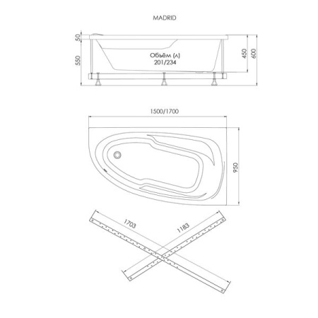 Асимметричная акриловая ванна 1ACReal Мадрид 170x95 правая