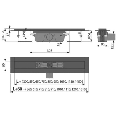 AlcaPlast. Желоб водоотводящий APZ1BLACK-550  550 мм, с порогами, для перфорированной решетки, черный-мат