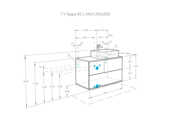 Тумба-умывальник Акватон Терра 85 Дуб Кантри/Антрацит 1A247201TEKA0 с раковиной Мила 350х500