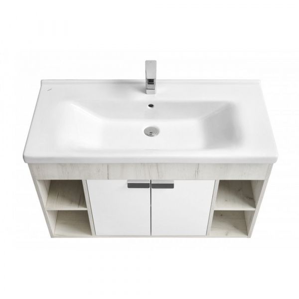 Тумба-умывальник Флай 100 Белый/Дуб крафт белый 1A237501FAX10 с раковиной Миранда 100