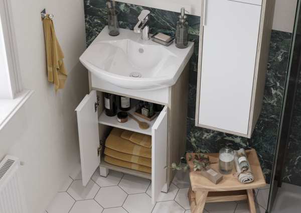 Акватон. Тумба-умывальник Рико 50 Белый/Ясень фабрик 1A212401RIB90 с раковиной "Смайл 50"