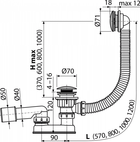 Слив перелив для ванны AlcaPlast A504CKM механизм click/clack, металл/металл
