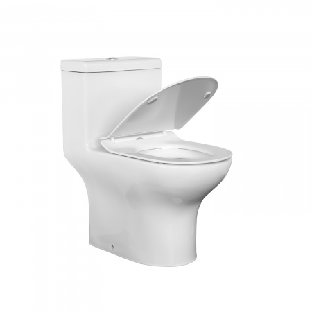 Унитаз моноблок безободковый Comforty CF41083OP универсальный выпуск, тонкое сиденье дюропласт с микролифтом, двухрежимная арматура
