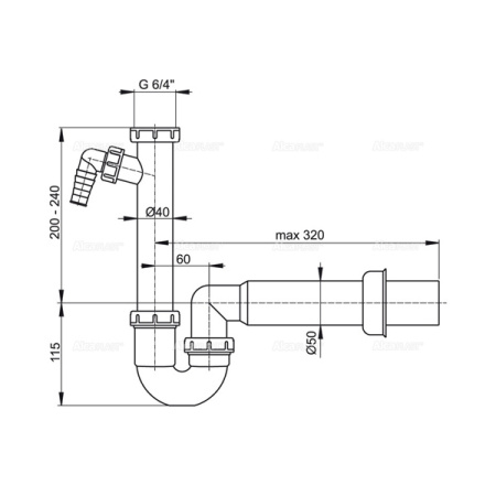 Сифон трубчатый с накидной гайкой 6/4" и штуцером AlcaPlast A81-DN50
