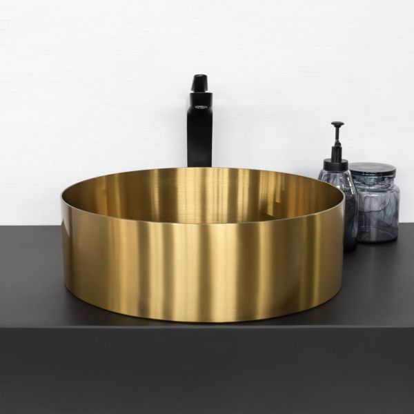 Круглая накладная раковина 40 см из нержавеющей стали Comforty CF8WBTD39G цвет золото, с донным клапаном