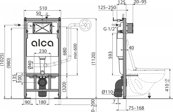 Комплект 4 в 1 инсталляции с черной матовой кнопкой AlcaPlast AM101/1120 RU - M578-0001