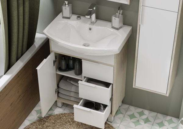 Акватон. Тумба-умывальник Рико 65 Белый/Ясень фабрик 1A213301RIB90 с раковиной "Смайл 65"