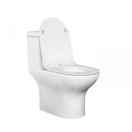 Унитаз моноблок безободковый Comforty CF41083OP универсальный выпуск, тонкое сиденье дюропласт с микролифтом, двухрежимная арматура