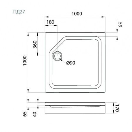 Поддон душевой Тритон ПД27 низкий, квадрат 100х100 в комплекте