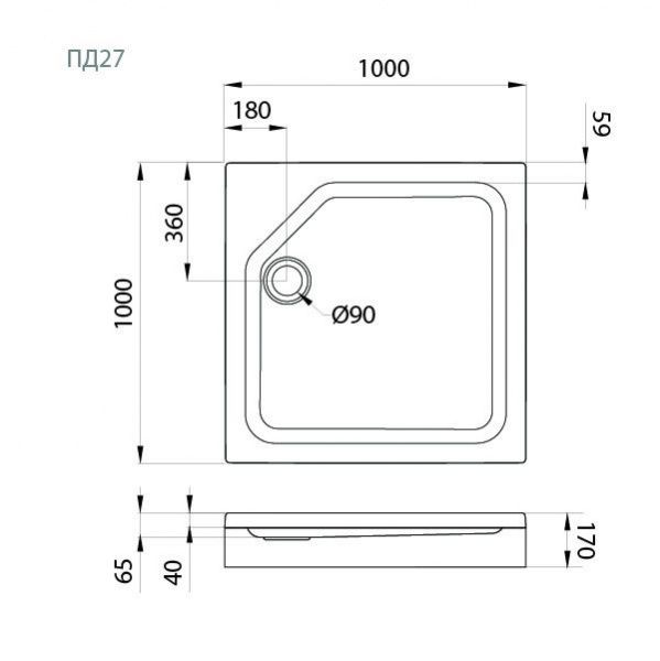 Поддон душевой Тритон ПД27 низкий, квадрат 100х100 в комплекте