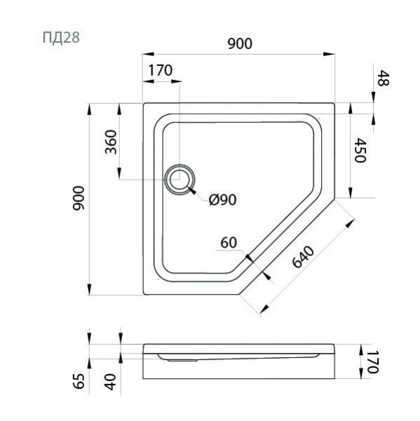 Поддон душевой Тритон ПД28 низкий пятиугольный 90x90 в комплекте
