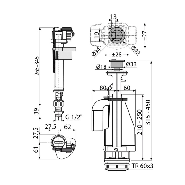 Выпускной комплект с двойной кнопкой, впускной мехпнизм А17 1/2 - AQUATIC AlcaPlast SA08AS 1/2" CHROM