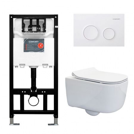 Готовый комплект Comforty: безободковый подвесной унитаз 102 + инсталляция CF3GT1900-10WH с белой матовой клавишей
