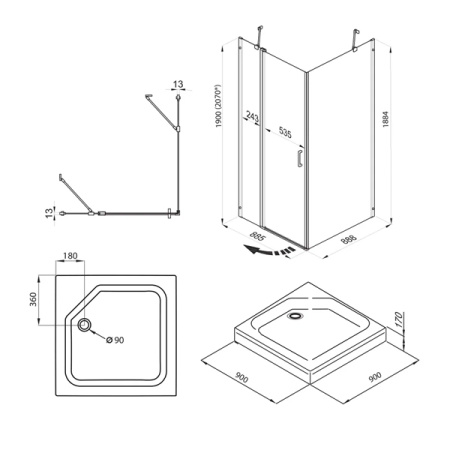 Душевое ограждение Тритон Йота-Блэк, 90х90, квадратный поддон, сифон D90 мм