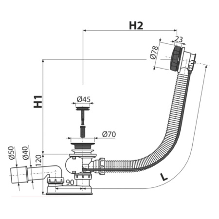 Сифон для ванны автомат комплект AlcaPlast A55BLACK-80 черный-матовый