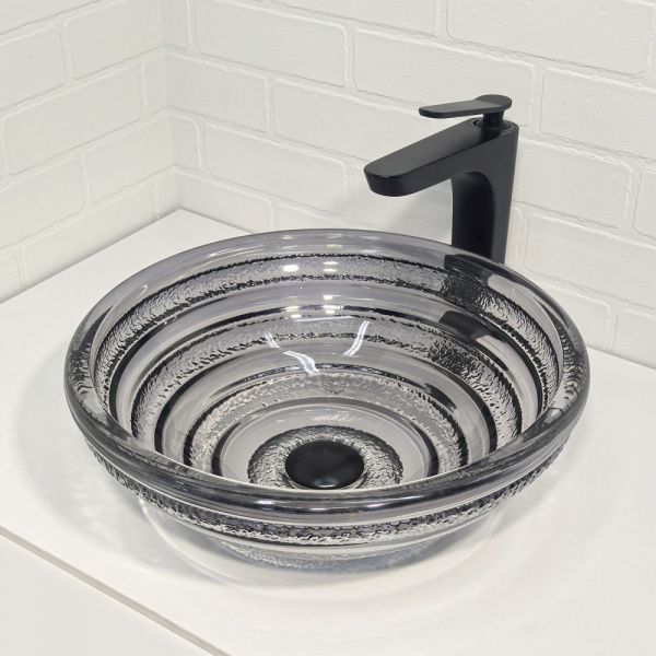 Круглая стеклянная раковина 40 см Comforty CF1G41 серый дым, кольцевые ребра