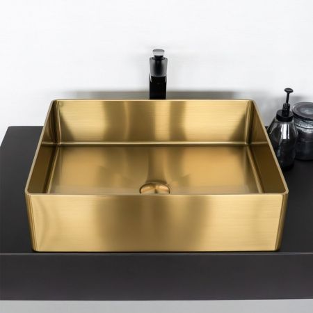 Накладная прямоугольная раковина из нержавеющей стали COMFORTY CF8WBTB5040G цвет золото, с донным клапаном