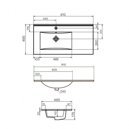 Накладная асимметричная мебельная раковина-столешница Comforty 9090EL фарфор, белая