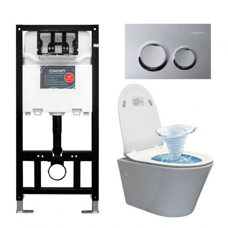 Готовый комплект Comforty 00-00022744CF: унитаз подвесной безободковый CF3C797WH Торнадо +  инсталляция CF3GT1900-10CH с хром клавишей