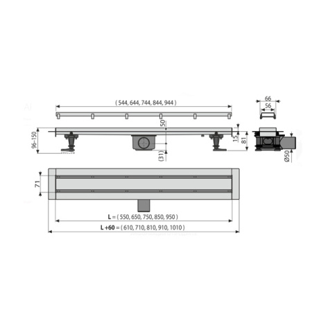 Водоотводящий желоб Fit and Go с двухсторонней решеткой AlcaPlast APZ13-DOUBLE9-550