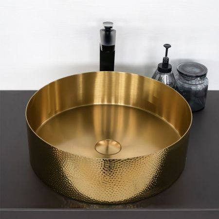 Круглая раковина 40 см из нержавеющей стали с рифленым бортом Comforty CF8WBHD39G цвет золото, с донным клапаном