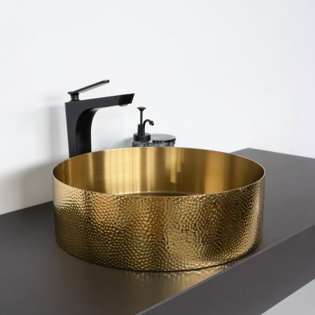 Круглая раковина 40 см из нержавеющей стали с рифленым бортом Comforty CF8WBHD39G цвет золото, с донным клапаном
