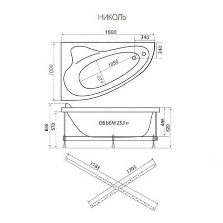 Асимметричная акриловая ванна Тритон Николь 1600х1000 правая